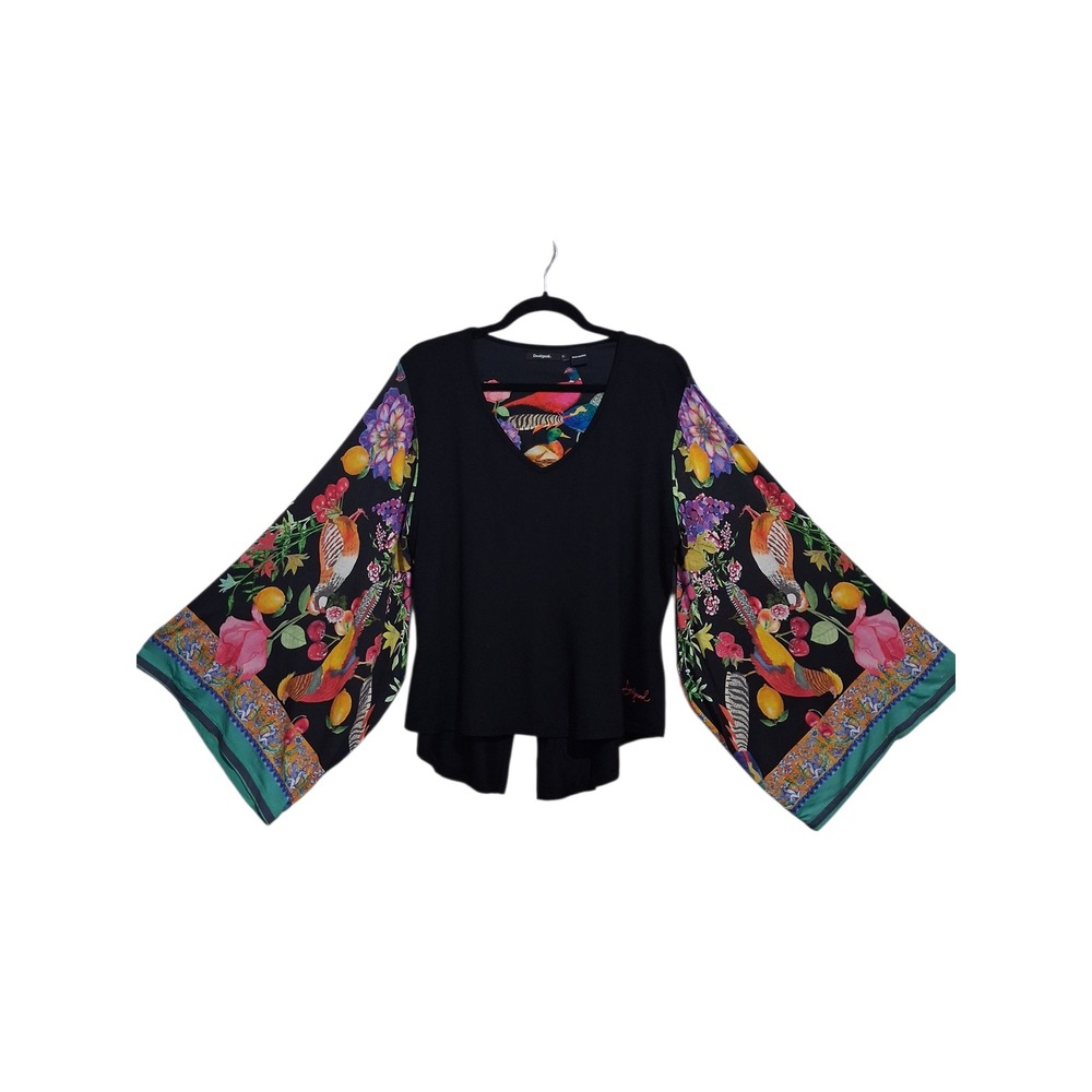 Desigual Exaggerated Colorful Bird Sleeves Womens size XL Stretchy Statement Top - Picture 6 of 16
